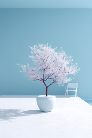 3d render of a white tree in a pot on the floorの素材