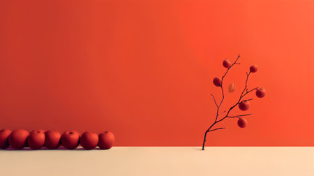 3d render of easter eggs with branch on red and white backgroundの素材