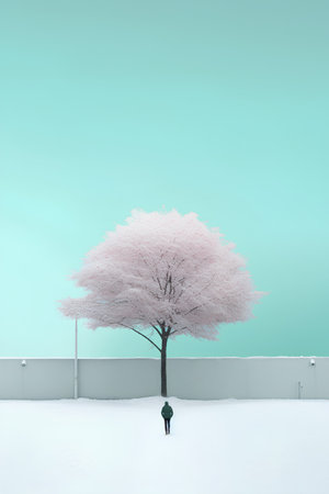 Cherry tree in winter with blue sky background, 3d render