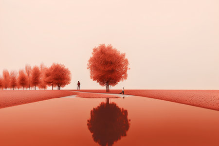Autumn landscape with trees and reflection in water. 3d renderの素材