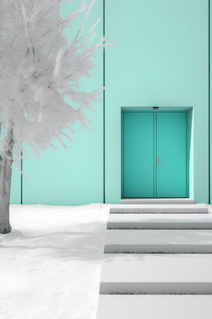 3D render of a green door and a tree in the snowの素材