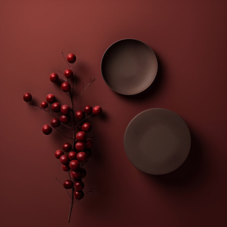 Mockup of round plates with red berries on a dark background.の素材