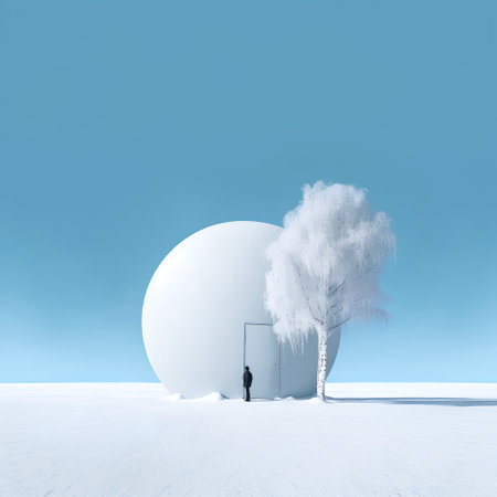 3d render of a white tree in the snow with a doorの素材