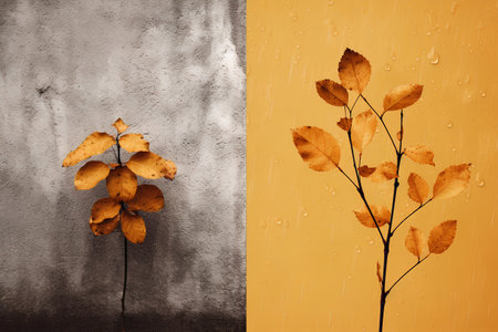 Two autumn leaves on a gray and yellow background with drops of waterの素材