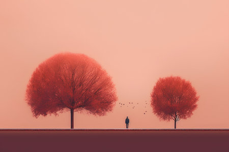 Conceptual image of a woman standing between two red trees.の素材