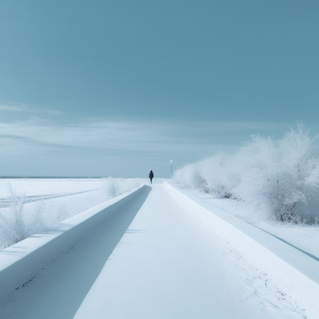 A man walking on a snowy road in winter. Blue toned.の素材