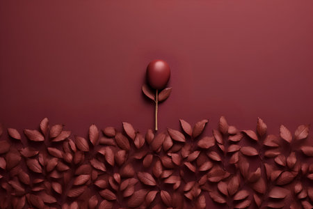 Easter background with red eggs and leaves. 3d illustration.の素材