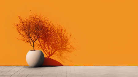 3d rendering of a vase with a tree on an orange wallの素材