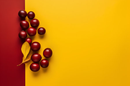 Creative layout made of plums on yellow and red background. Flat lay, top view, copy space.の素材