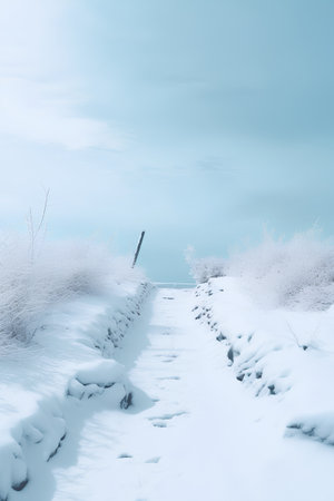 Winter landscape with a path in the middle of a field covered with snowの素材