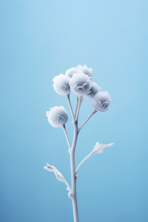 Frozen flower on a blue background. Winter concept. Toned.の素材