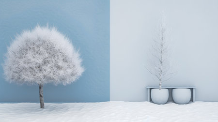 Winter scene with snowy trees and blue wall. 3D rendering.の素材