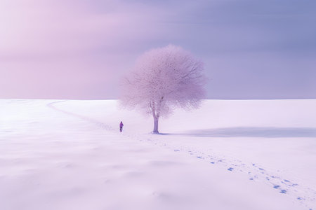 Beautiful winter landscape with lonely tree in the foreground. 3d renderingの素材