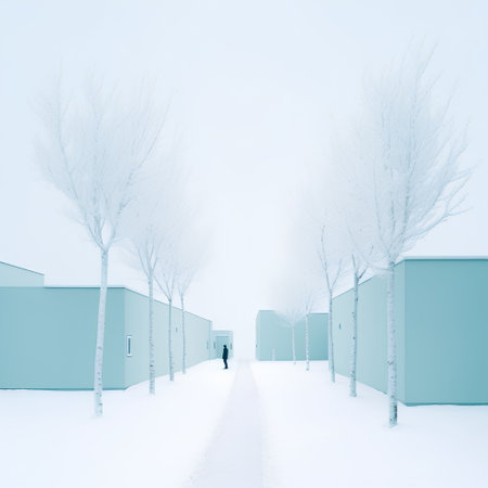 Winter scene with a man walking in the middle of a snowy alleyの素材