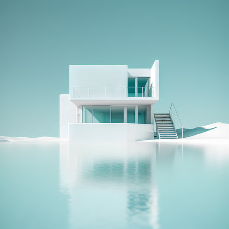 Abstract white house on a blue background. 3D Rendering.の素材