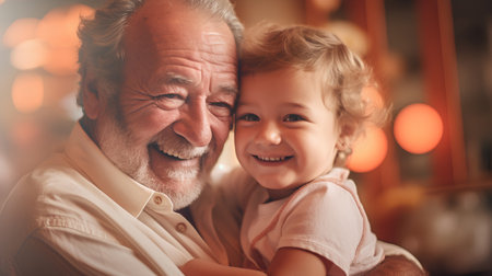 Portrait of a smiling grandfather and his little granddaughter at home.の素材