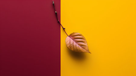 Autumn leaf on a red and yellow background. Minimal concept.の素材
