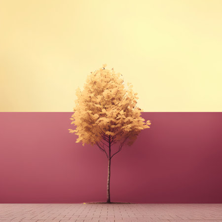 Autumn tree on pink and yellow background. Minimal concept.の素材