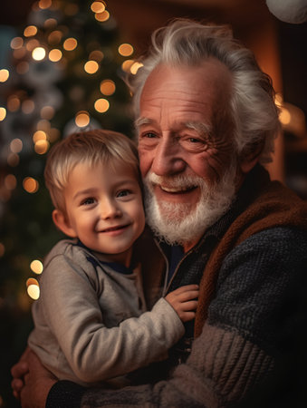 Portrait of a grandfather with his grandson in front of a Christmas treeの素材