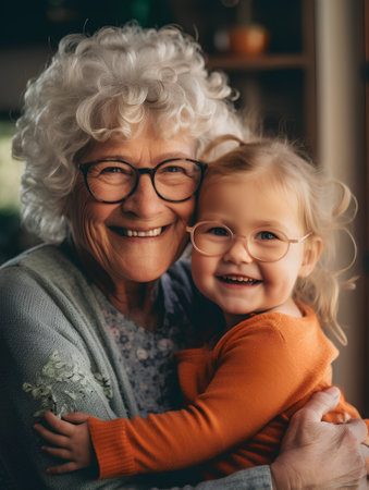 Portrait of a smiling grandmother with her granddaughter in the room.の素材