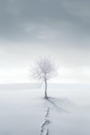 Winter landscape with lonely tree in snowdrift. 3d renderの素材