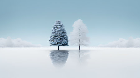 winter landscape with frozen trees and reflection in the water, 3d renderの素材