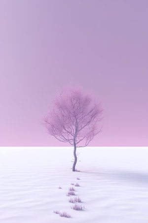 Winter landscape with lonely tree. 3D render. Pink background.の素材