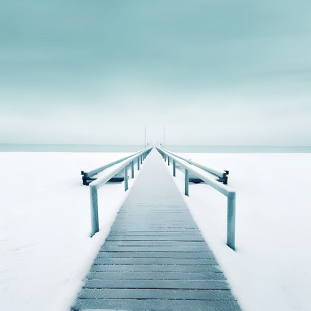 Wooden jetty on a frozen lake. Dramatic overcast sky.の素材