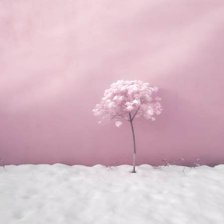 Tree in the snow on a pink wall background. 3d renderingの素材