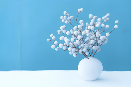 White vase with branches of willow on a blue background.の素材
