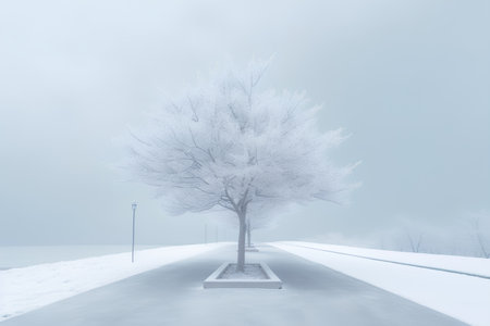 Frosty tree on the road in winter, 3d renderの素材