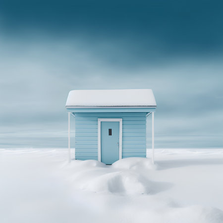 3D rendering of a blue beach hut covered with snow in winterの素材