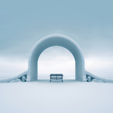3d rendering of a bench in the winter landscape with an archの素材