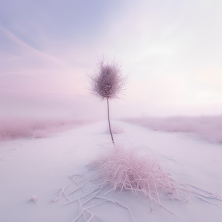 Beautiful winter landscape with a frozen meadow and a lonely treeの素材