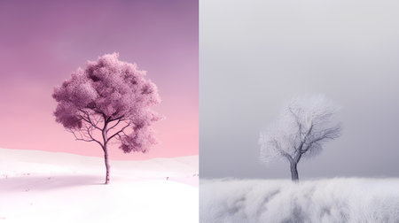 Winter landscape with trees covered with hoarfrost. 3d renderの素材