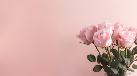 Bouquet of pink roses in vase on pink background.の素材
