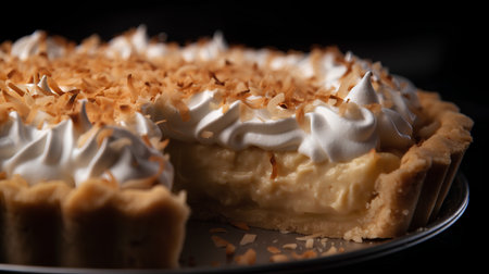 Close up of a tasty apple pie with whipped cream on a black backgroundの素材