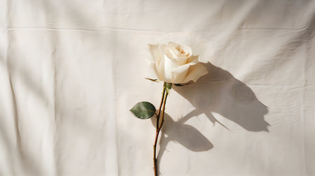 White rose with shadow on white fabric background. Flat lay, top view.の素材