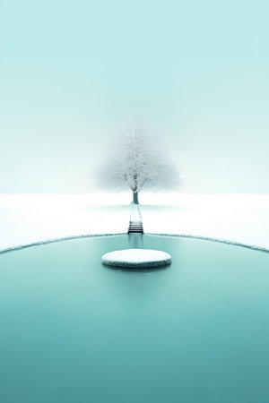 3D rendering of a frozen lake with a tree in the middleの素材