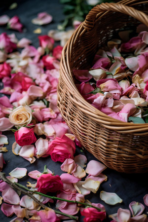 Pink rose petals in a wicker basket on a black background.の素材