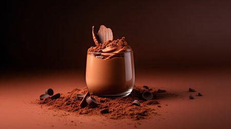 Chocolate mousse in a glass with cocoa powder and pieces of chocolate on a brown backgroundの素材
