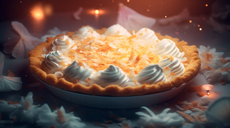 Lemon meringue pie with whipped cream on a dark backgroundの素材