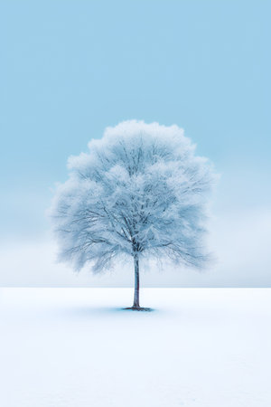 Winter landscape. Frosty tree on blue sky background. 3d renderの素材