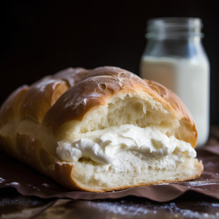 Fresh bread with cottage cheese and milk on a dark background. Selective focus.の素材