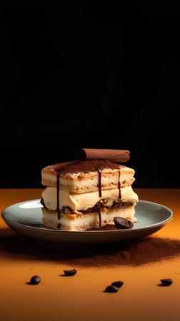 Tiramisu cake with chocolate and cocoa powder on a dark backgroundの素材