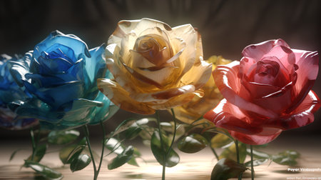 Colorful roses on a wooden table with a dark background. Toned.の素材