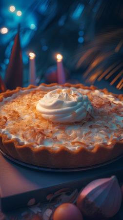 Traditional apple pie with whipped creamrated with christmas decorations.の素材
