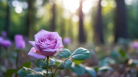 Beautiful purple rose flower blooming in the forest. Nature backgroundの素材