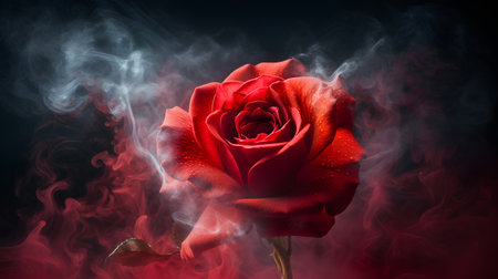 Beautiful red rose with smoke on black background, close-upの素材