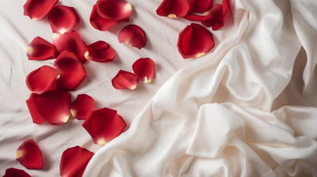 Red rose petals on white fabric background. Flat lay, top viewの素材